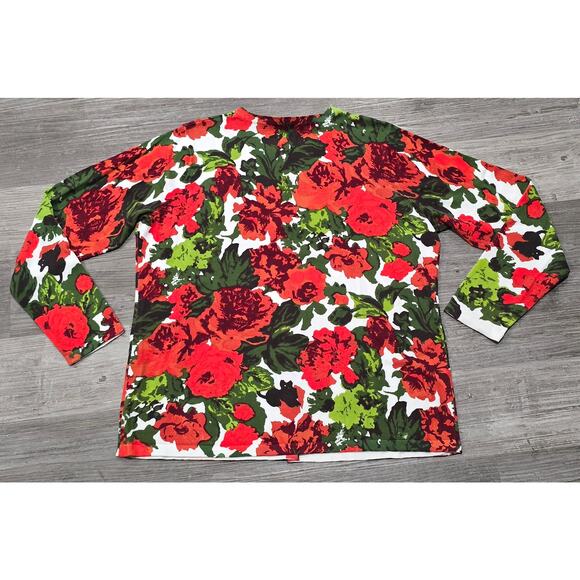 Isaac Mizrahi Live! Red & Green Floral Print Crew Neck Button Front Cardigan - Picture 2 of 6